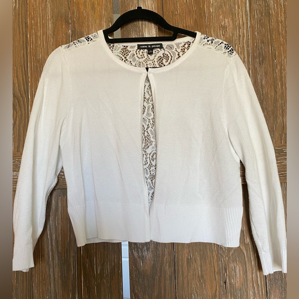 White cardigan, size medium with lace back